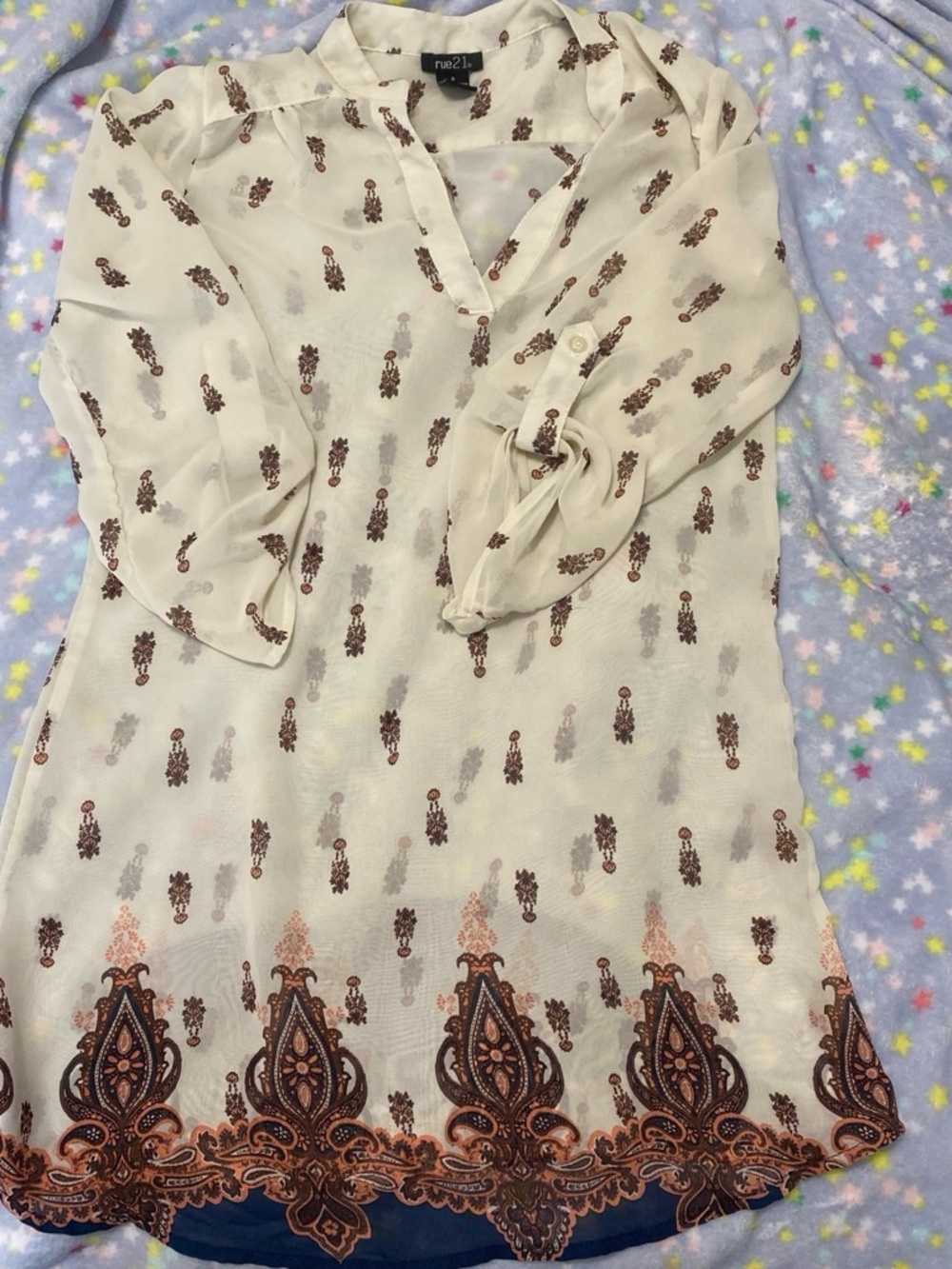 Rue21 Cream Chiffon Tunic with Brown Paisley Border